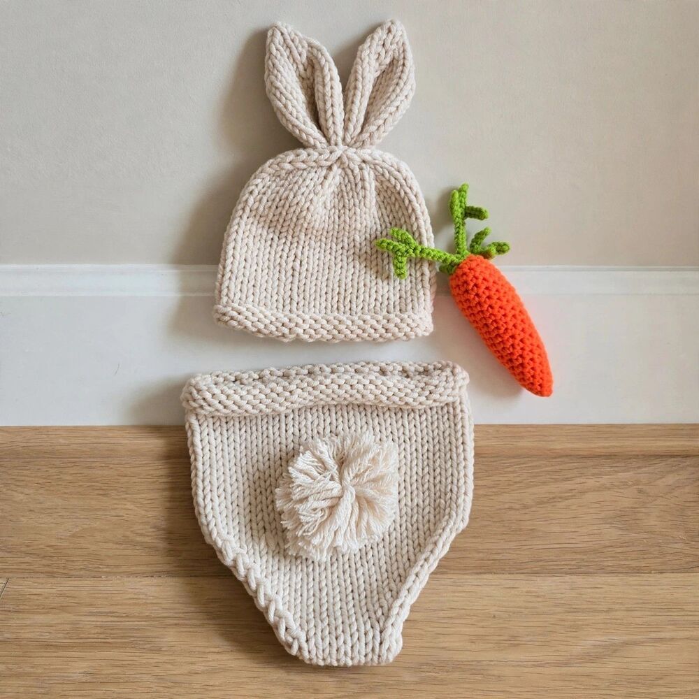 Handmade Crochet Newborn Bunny Photo Shoot Set Hat Diaper Cover Carrot Prop